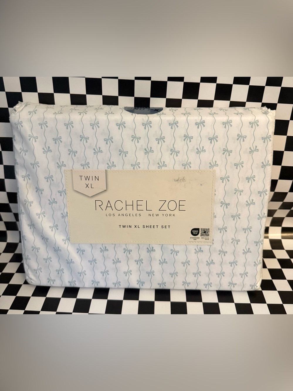 Rachel Zoe Twin XL Sheet Set in Pale Blue Bow Motif